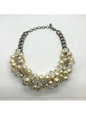 Faux Pearl & Clear Crystal Necklace Chunky Statement Bib Silver-Tone Adjustable